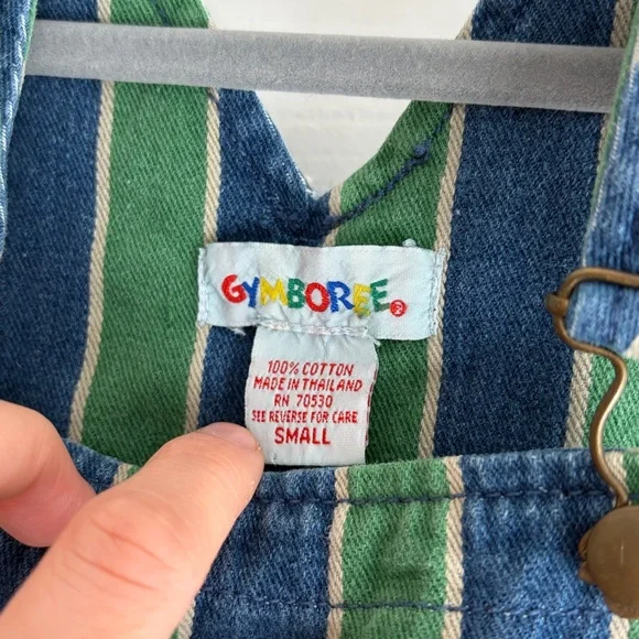 VINTAGE Gymboree Blue & Green Striped Denim Hockey Overalls - Picture 6 of 10